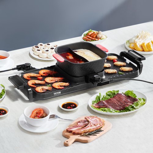 VEVOR Hot Pot mit Grill 2300 W 2 in 1 Elektrischer Rauchfreier Grill mit Abnehmbarem Topf