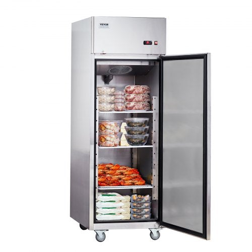 VEVOR Gewerbe-Gefrierschrank 570 L, Gefrierschrank mit Einzeltür, Edelstahl-Gefrierschrank mit automatischer Abtauung, 3 verstellbaren Ablagen, Temperaturregelung von -25 bis -15 ℃ und 4 Rädern