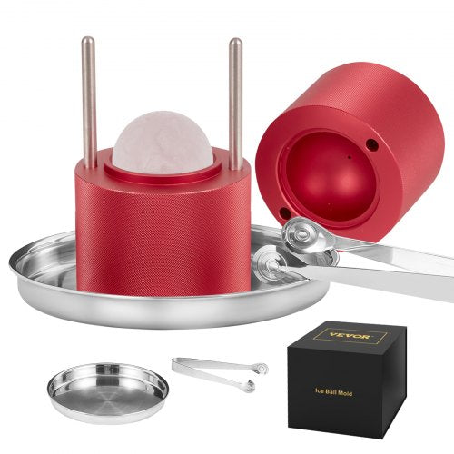 VEVOR Eiswürfelbereiter Eiswürfelformen Satz 60 mm, Eiswürfelform Eiskugelform mit Eiszange &amp; Tropfschale, Alu Rote Strapazierfähige Eiswürfelformen Eiswürfelbehälter Whisky Americano, Saft &amp; Milch