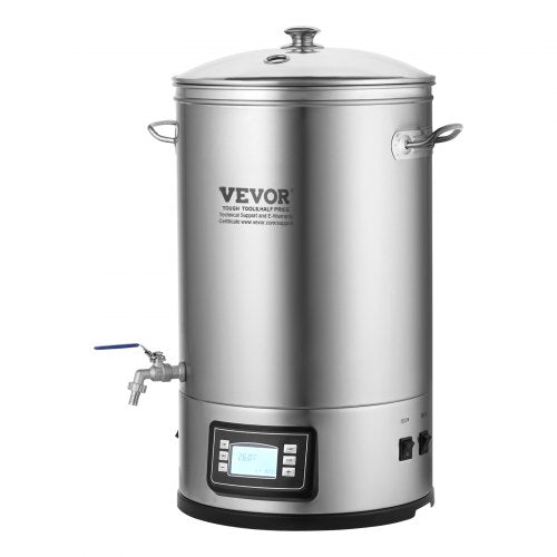 VEVOR Edelstahl Bierbrauanlage Wasserkocher 35 L, Wasserkocher zum Brauen, Heimbrauzubehör für Bier, Bierbraugerät Set inkl. Glasdeckel, Griff, Zapfhahn, Elektronische Bedienblende Gewerblich