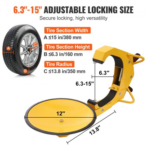 VEVOR Radschloss Autokralle 1 Stk.Reifenschloss, Passend für 160-380 mm Raddurchmesser Anti-Diebstahl, Anhänger-Radkralle mit 30 cm Saugnapf, Parkkralle für Autos, Lkw, SUVs, Camper, Boote Gelb