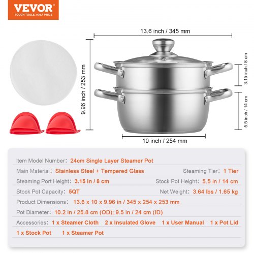 VEVOR 24cm Dampfgarer Topf Edelstahl mit Glasdeckel, 1 Etagen (1x Dampfkochtopf und 1x Suppentopf)Dampfkocher Dampftopf Induktion Gardampftopf Dampfkochtopf Kochtopf für Gemüse, Fisch, Suppe, Knödel
