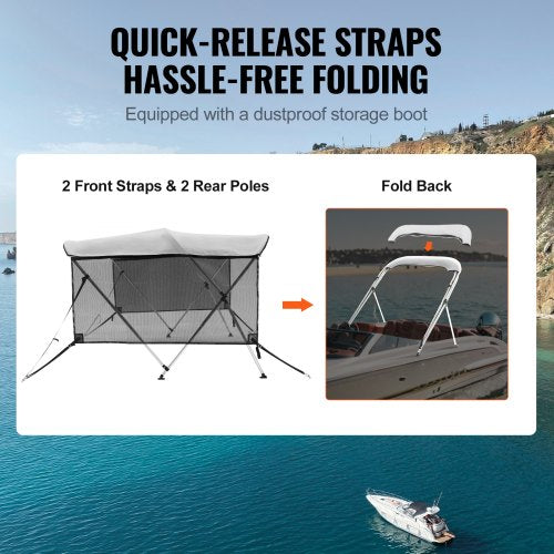 VEVOR 3-Bogen-Bimini-Top-Bootsabdeckung, 200–213 cm Einbaubreite 600D-Polyester-Überdachung, Bootsverdeck mit Abnehmbare Mesh-Seitenwände, Wasserdicht &amp; Sonnenschutz, inkl. Aufbewahrungsbox Hellgrau