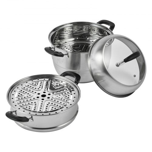 VEVOR 28cm Dampfgarer Topf Edelstahl mit Glasdeckel, 3 Etagen Dampfkocher Dampftopf Induktion Gardampftopf Dampfkochtopf Kochtopf Ideal für Gemüse, Fisch, Suppe, Knödel (inkl. 2 Dampfgarer-Einsätze)