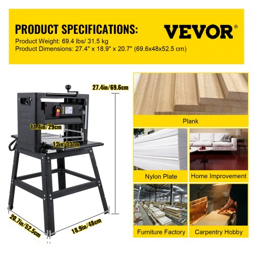 VEVOR Dickenhobelmaschine Max. Hobelbereite 330 mm Abricht und Dickenhobel 0-3 mm Hobelmaschine 2000 W Holzbearbeitung Dickenhobel 6-160 mm Thicknesser mit Ständer 8000 U/min Dickholzhobelmaschine