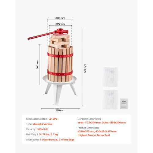 VEVOR Obstweinpresse Apfelmühle Manuelle Presse Weinherstellung 6L mit Holzkorb