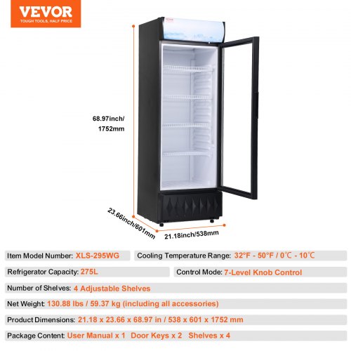 VEVOR Getränkekühlschrank Flaschenkühlschrank Schwarz 275 L, Getränkekühlschrank mit 4 Verstellbaren Einlegeböden, Gastro Getränkekühler LED 7-Stufige Knopfsteuerung, Kommerzieller Kühlschrank