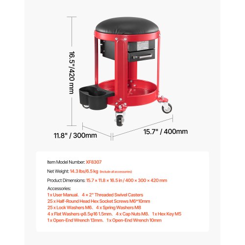 VEVOR Rollbarer Mechanikerhocker Verstellbarer Garagensitz mit Stauraum 136kg