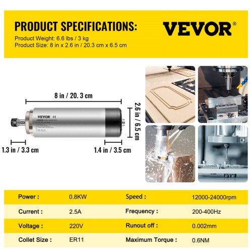 VEVOR Spindelmotor CNC Spindelmotor Luftgekühlte 0,8 Kw, Luftkühlung Spindelmotor 220-250 V Luftgekühlter Motor für CNC Spannzangenfutter 0-24000 U/min Air Cooled Spindle Motor Wind Cooled