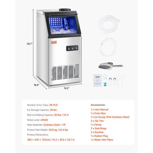 VEVOR Kommerzieller Eisbereiter, freistehender Schrank, Maschine, 80 lbs/24 h, 36 Eiswürfel
