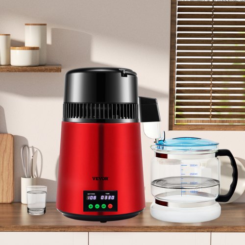 VEVOR Wasser Destillierer 1L / H Haushalt Rotes Wasserdestilliergerät Destilliertes Wasser herstellen 750 W, Doppelter Bildschirm Edelstahl Distilleranlage mit Glaskanne Reinwasser destilieren