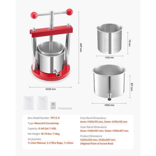 VEVOR Obstweinpresse Manuelle Presse Weinherstellung 1,65L Edelstahl Obstmühle