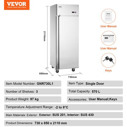 VEVOR Gewerbekühlschrank 570 L, Kühlschrank mit Einzeltür, Edelstahl-Kühlschrank mit automatischer Abtauung, 3 Ablagen, Temperaturregelung von -2 ~ + 8 °C und 4 Rädern
