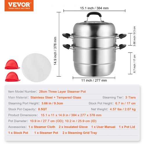 VEVOR 28cm Dampfgarer Topf Edelstahl mit Glasdeckel, 3 Etagen Dampfkocher Dampftopf Induktion Gardampftopf Dampfkochtopf Kochtopf Ideal für Gemüse, Fisch, Suppe, Knödel (inkl. 2 Dampfgarer-Einsätze)