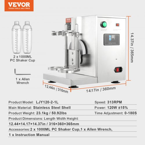 VEVOR Milchshake-Maschine, 120 W Kommerzielle Milch-Tee-Shaker-Maschine, Doppelkopf-Milchshake-Mixer-Maschine, 0-180 s einstellbarer Milchshake-Mixer, mit 1 L PC-Becher, für Milch-Tee-Geschäft