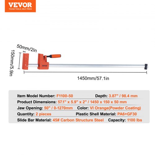 VEVOR Stangenklemmen für die Holzbearbeitung, 2er-Pack, 50 Zoll Parallelklemmen-Set, 1100 lbs Last
