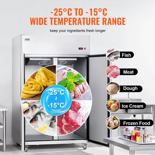 VEVOR Gewerbe-Gefrierschrank 1100 L, Gefrierschrank mit 2 Türen, Edelstahl-Gefrierschrank mit automatischer Abtauung, 6 verstellbaren Ablagen, Temperaturregelung von -25 bis -15 °C und 4 Rädern