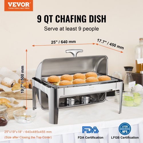 VEVOR Edelstahl Chafing Dish Set 7,5 L, 1 Stk. Speisenwärmer Wärmebehälter Suppenwärmer, Speisen Warmhaltebehälter Suppentopf Chafing Dishes Set mit 2 Brennstoffbehälter für Catering, Buffet. Party