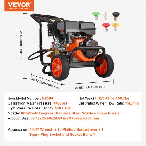VEVOR Benzin-Hochdruckreiniger 4400PSI 15L/min 4 GPM mit 5 Düsensatz für Autos