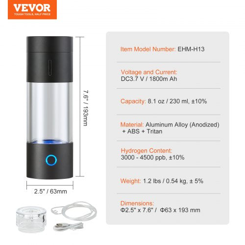 VEVOR Wasserstoff-Wasserflaschengenerator, tragbarer Wasserstoff-Wasserbereiter 230 ml, wasserstoffreiches Wasserionisationsgerät mit SPE-Technologie, mit Nasen-Inhalationsschlauch &amp; Selbstreinigung