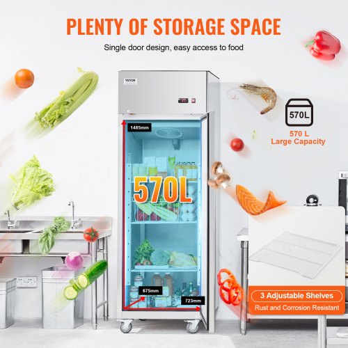 VEVOR Gewerbekühlschrank 570 L, Kühlschrank mit Einzeltür, Edelstahl-Kühlschrank mit automatischer Abtauung, 3 Ablagen, Temperaturregelung von -2 ~ + 8 °C und 4 Rädern