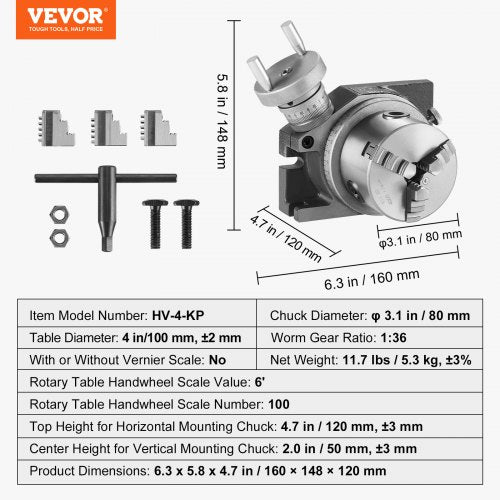 VEVOR Drehtisch für Fräsmaschinen, 4''/100 mm, horizontales vertikales Modell, Präzisionsfräsdrehtisch, mit 3,1''/80 mm 3-Backenfutter, M10-T-Bolzenmuttern, für Frästechnik-Indizierungswerkzeuge