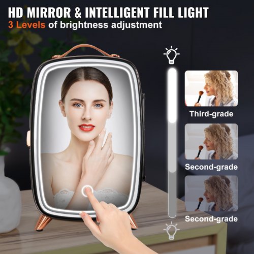 VEVOR Tragbarer Gespiegelter 6 L Schönheitskühlschrank mit LED-Beleuchtung, Schwarz 9 V DC Minikühlschrank Make-up, 8 Dosen 3 LED Spiegel Licht Modus, Klein Skincare Fridge für Büro, Schlafzimmer usw.