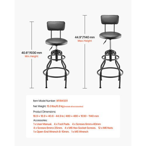 VEVOR Rollbarer Mechanikerhocker Verstellbarer Garagensitz Drehbar 136kg