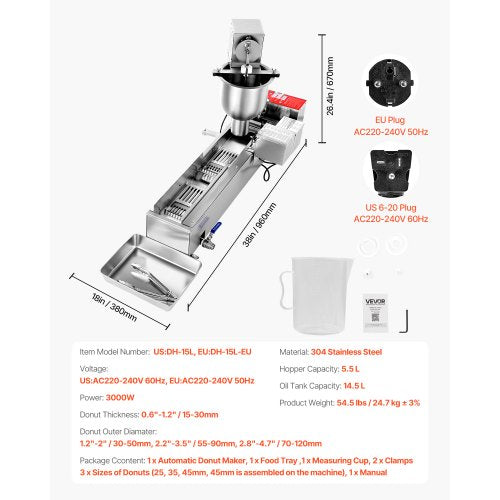 VEVOR Kommerzielle Automatische Donut Maschine Maker 3kW 90 Stk./h Einreihig