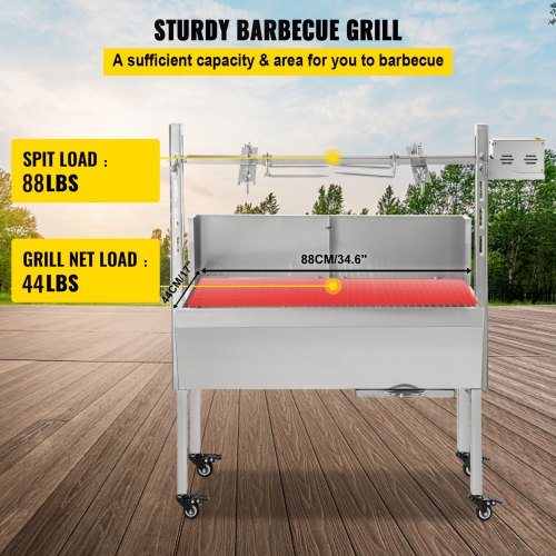 VEVOR BBQ Spießgrill Tisch Spießbratengrill mit Grillmotor für Hähnchen Lamm, Rind oder Rollbraten, mit höhenverstellbarer Spieß für bis zu 60 kg Grillgut, Grillfläche Holzkohlegrill: ca. 88 x 44 cm