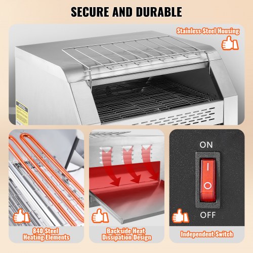 VEVOR Durchlauf-Toaster 1770 W Förderbandtoaster, Kettentoaster, Drei multifunktionale Betriebsarten 450 Scheiben pro Stunde, Kommerzieller Toaster Förderband Edelstal Restaurants, Bäckereien Silber