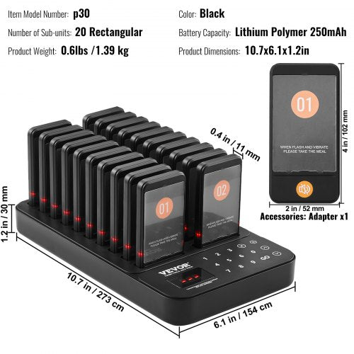 VEVOR Restaurant-Pager-System, kabelloses Warteschlangensignal mit 400 m Reichweite, Piepser zur Rufannahme von Gästen mit Vibration und Blinken, 20 Pager für Imbisswagen, Kirche, Kindergarten