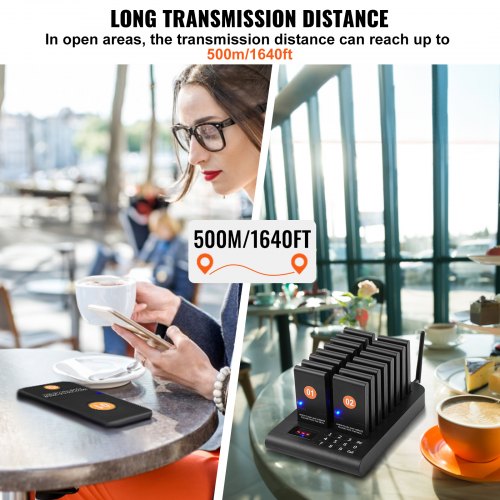 VEVOR Restaurant-Pager-System, kabelloses Warteschlangensignal mit 500 m Reichweite, Piepser zur Rufannahme von Gästen mit Vibration und Blinken, 16 Pager für Imbisswagen, Kirche