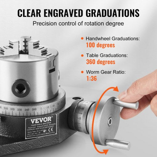 VEVOR Drehtisch für Fräsmaschinen, 4''/100 mm, horizontales vertikales Modell, Präzisionsfräsdrehtisch, mit 3,1''/80 mm 3-Backenfutter, M10-T-Bolzenmuttern, für Frästechnik-Indizierungswerkzeuge