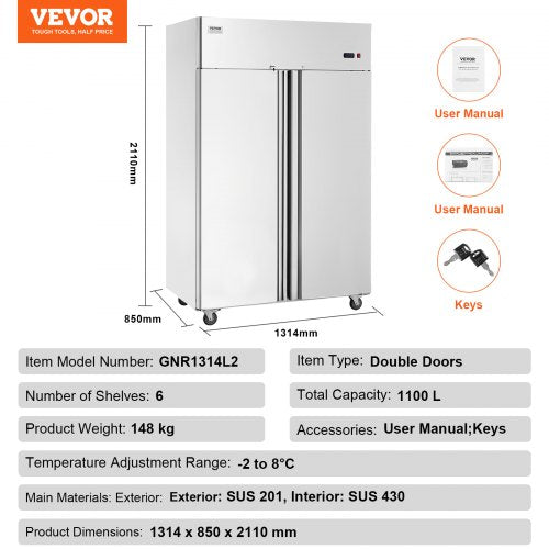 VEVOR Gewerbekühlschrank 1100 L, 2 Türen, Edelstahl-Kühlschrank mit automatischer Abtauung, 6 Ablagen, Temperaturregelung von  -2 bis + 8 °C und 4 Rädern