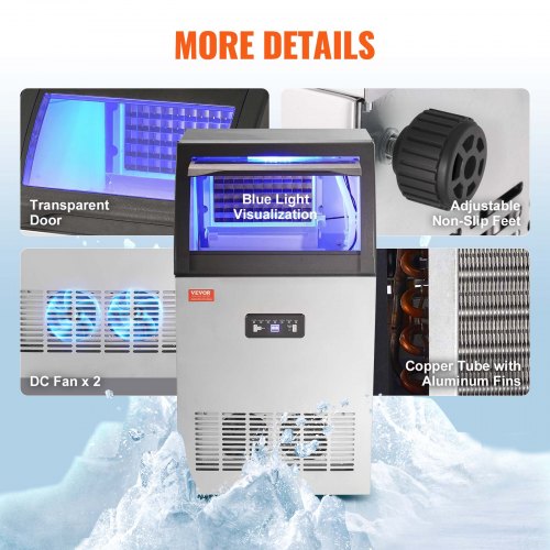 VEVOR Kommerzieller Eiswürfelbereiter Eismaschine 52 kg / 24 h, Leichte Würfeleismaschine 15 kg Eisspeicherkapazität 50 Stk. Eiswürfel, Edelstahl Eiswürfelbereiter inkl. Wasserfilter &amp; Eisschaufel