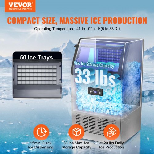 VEVOR Kommerzieller Eiswürfelbereiter Eismaschine 52 kg / 24 h, Leichte Würfeleismaschine 15 kg Eisspeicherkapazität 50 Stk. Eiswürfel, Edelstahl Eiswürfelbereiter inkl. Wasserfilter &amp; Eisschaufel