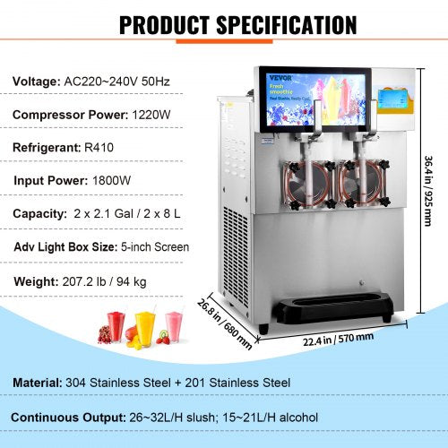 VEVOR 8L Kommerziell Slusheis Maschine Eismaschine Slushy 1800W Slushgerät