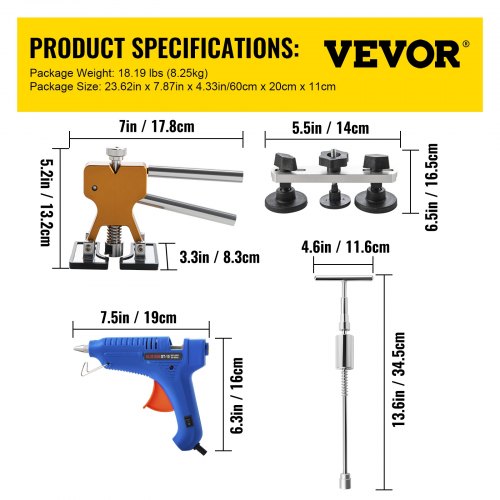 VEVOR 89-teilig Auto Dellen Reparaturset, Paintless Ausbeulwerkzeug, Dent Repair Set Removal Dent Tool, T-förmigen Dellen Abzieher / 10 Stangen (A6, B7-B11, C2, C4-C6) / Goldener Dellenheber