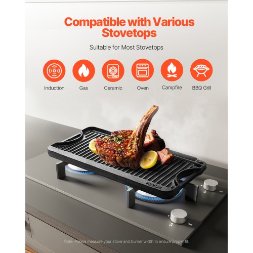 VEVOR Wendbare Grillplatte Vorgewürzte BBQ Pfanne aus Gusseisen 492x218mm