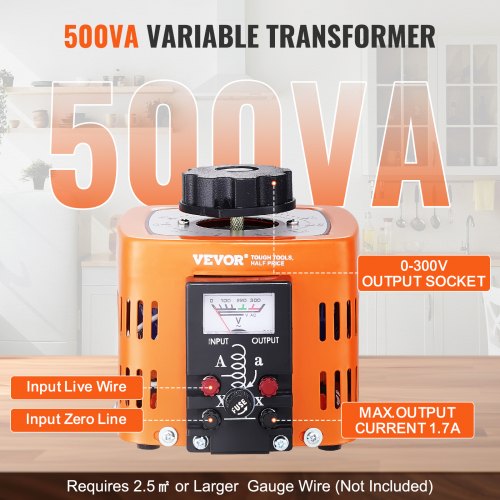 VEVOR Automatischer variabler Stelltransformator 500 VA, 1,7 A, Eingang 230 V, Ausgang 0-300 V, AC-Spannungsregler 4 Sicherungen, thermischer Steuerschalter für Haus, Büro