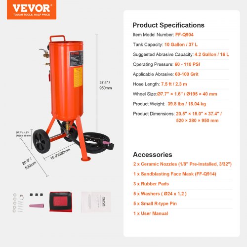 VEVOR Mobiles Sandstrahlgerät 37 L Sandstrahlanlage 2,3 m Arbeitsschlauch Sandstrahler 60–110 PSI Arbeitsdruck ideal zum Entfernen von Rost, Farbe, Flecken und das Polieren großer Flächen