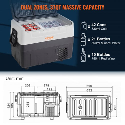 VEVOR Camping Kühlschrank 35 L Kühlboxen 12 / 24 V Rollbare Elektrische Gefrierbox 2 in 1 Doppelzone Auto Kühlschrank Kompressor zum Warmhalten und