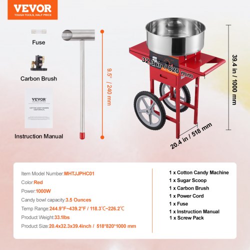 VEVOR Elektrische Zuckerwattemaschine mit Wagen, 1000 W kommerzielle Zuckerwattemaschine mit Edelstahlschüssel, Zuckerschaufel &amp; Schublade, Perfekt für Zuhause, Kindergeburtstage, Familienfeiern