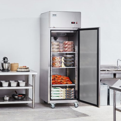 VEVOR Gewerbe-Gefrierschrank 570 L, Gefrierschrank mit Einzeltür, Edelstahl-Gefrierschrank mit automatischer Abtauung, 3 verstellbaren Ablagen, Temperaturregelung von -25 bis -15 ℃ und 4 Rädern