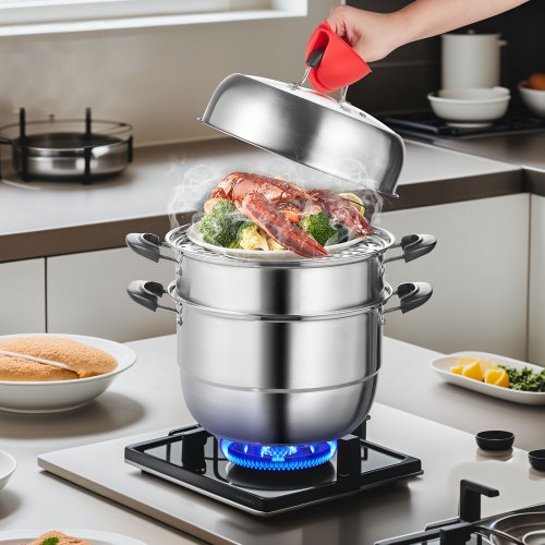 VEVOR 28cm Dampfgarer Topf Edelstahl mit Glasdeckel, 3 Etagen Dampfkocher Dampftopf Induktion Gardampftopf Dampfkochtopf Kochtopf Ideal für Gemüse, Fisch, Suppe, Knödel (inkl. 2 Dampfgarer-Einsätze)