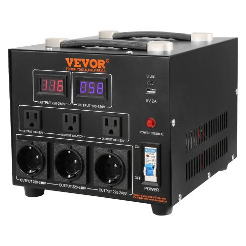 VEVOR 3000VA Spannungswandler Transformator AC 110V⇋220V Transformer Wandler 3 US NEMA 5-15R 3-polige Ausgangssteckdosen, 3 europäische Shucko-Ausgangssteckdosen, 1 USB-Buchse und 1 Typ-C-Buchse