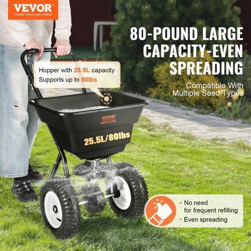 VEVOR 36,29 kg Dünger Streuwagen Saatgutstreuer mit 12-Zoll-Rädern, Stahlspießbelüfter Düngerstreuer, Gartensämaschine &amp; Salzstreuer, für Wohngebäude, Bauernhöfe, Schwieriges Gelände Schwarz
