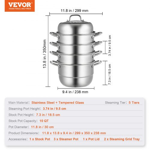 VEVOR Dampfkocher Durchmesser Jeder Stufe 30 cm, Stapelbar Edelstahl Dampfkochtopf 24 cm Boden, Kochtopf Dampfgarer Höhe 16 cm, Dampfgarer Topf Jede Stufe Höhe 8,5 cm, Dampfgarer-Topf-Set 5 Schicht