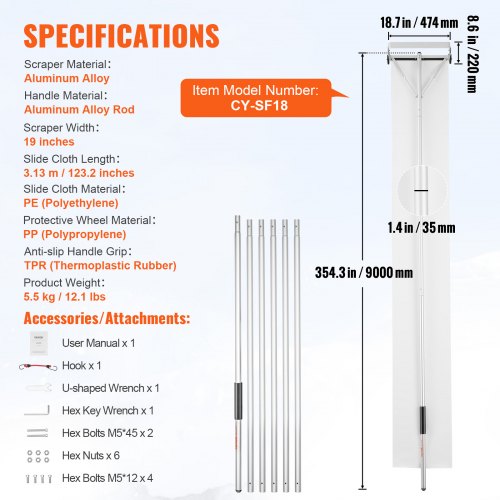VEVOR Schneeschaufel Dach 48 cm, Reichweite bis 9 m, Dachschneeräumer aus Aluminium, Schneeschieber mit Schutzrädern, rutschfestem Griff und Gleittuch Schneeräumer Dachräumer